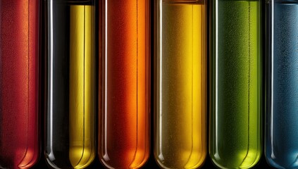 Colorful liquids fill test tubes in a vibrant, scientific display.