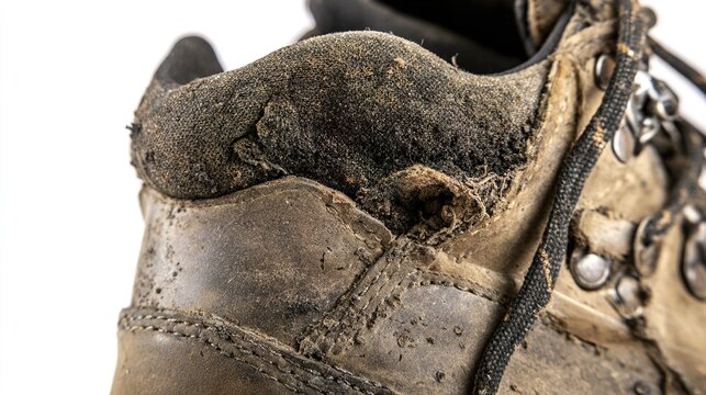 heel. Close-up of a worn leather hiking boot heel showing inner material and texture. lifestyle magazines, social media lookbooks, designed for lifestyle magazines and social media content.