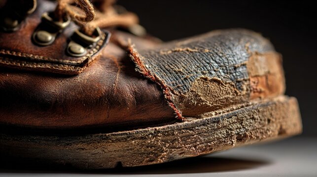heel. Close-up of a worn leather hiking boot heel showing inner material and texture. lifestyle magazines, social media lookbooks, designed for lifestyle magazines and social media content.