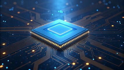 Futuristic glowing blue computer processor chip on a circuit board
