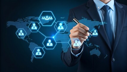 Businessman interacting with a global digital network of people and data