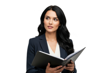 Businesswoman holding an open notebook isolated on transparent background