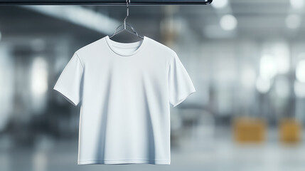 Plain white t-shirt hanging on a metal rack. Good for apparel, fashion, clothing concepts. Ready for your logo or design.