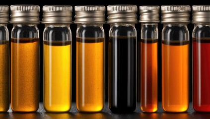 A horizontal arrangement of various liquid samples in small glass test tubes, each exhibiting a distinct color ranging from amber to dark red.