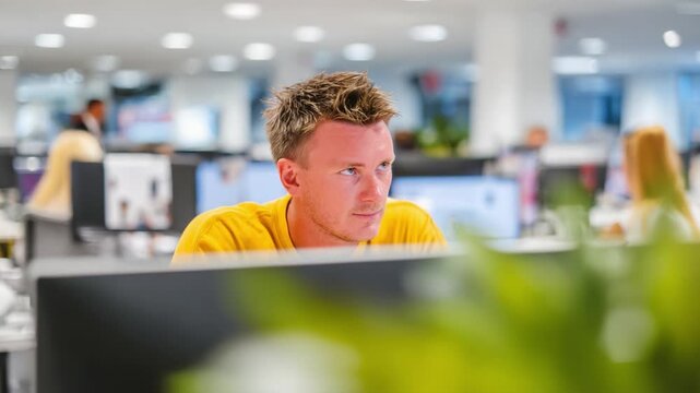 Focused Professional in Modern Office Environment: A Dedicated Worker Engaged in Computer Task Amidst a Dynamic Workplace Atmosphere