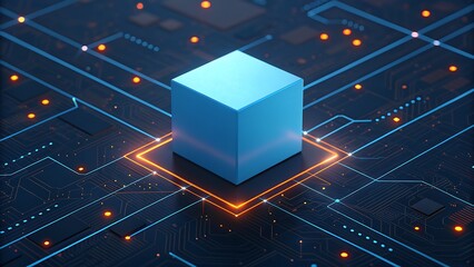 Abstract blue cube on glowing circuit board with digital data streams