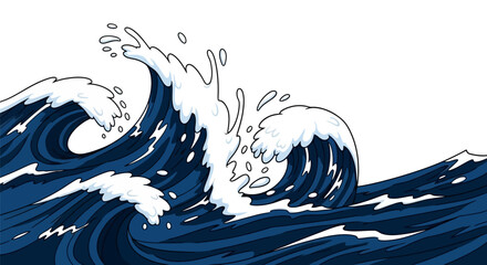 Stylized illustration of powerful blue ocean waves crashing with white foam spray against a plain background.