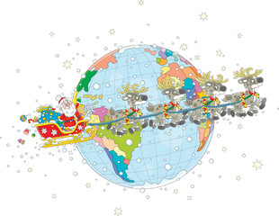 Santa Claus with holiday gifts traveling around the world in his magic sleigh with a team of flying reindeers on a snowy night before Christmas, vector cartoon illustration on white