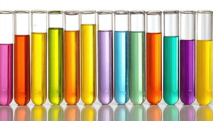 A row of colorful test tubes filled with various liquids against a white backdrop, displaying a spectrum of vibrant hues.