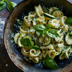 Zucchini and Basil Pasta in Dark Ceramic Bowl with a  Rustic Background