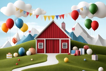 Celebratory balloon decoration at a colorful house in a vibrant landscape outdoor party cheerful atmosphere