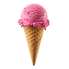 Pink Strawberry Ice Cream Scoop in a Waffle Cone with Dripping Melts on a Black Background