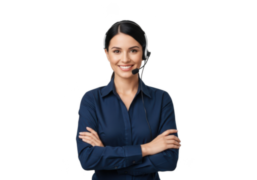 Smiling woman with headset arms crossed isolated on transparent background