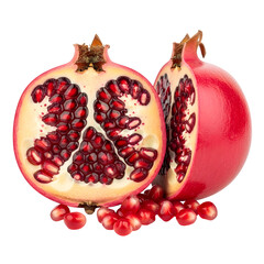 Pomegranate Halved with Seeds and Whole Fruit on Black Background Keywords: pomegranate, fruit, red, seeds, arils, juicy, fresh