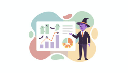 Businessman in witch hat presents Halloweenthemed data charts for seasonal business insights