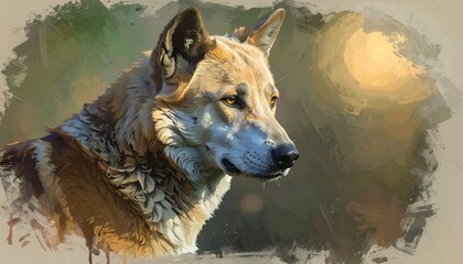 Obraz premium Majestic Wolf Portrait with Golden Sunlight and Artistic Brushstrokes.