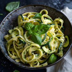 Zucchini and Basil Pasta in Dark Ceramic Bowl with a  Rustic Background