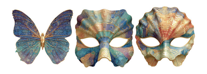 Naklejka premium Colorful Butterfly and Intricate Masks on Transparent Background for Art Use