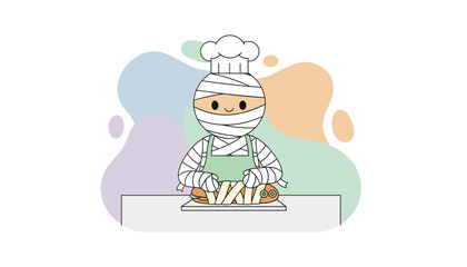 Cute mummy chef prepares spooky Halloween hot dogs Fun food illustration for holiday events