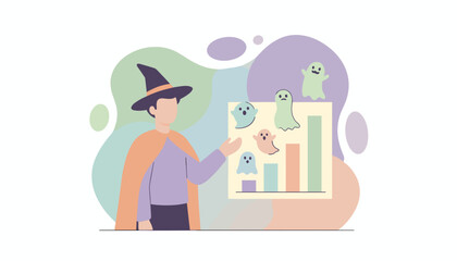 Halloween wizard presents chart with playful ghosts Spooky business data analysis