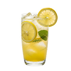 Refreshing Lemonade Drink with Ice and Mint Garnish on Black Background beverage citrus