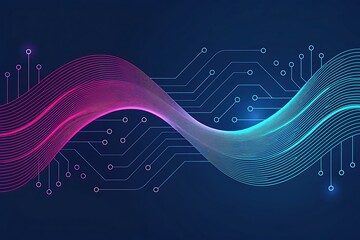 Abstract digital waveform with circuit board patterns and neon colors