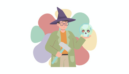 Curious character in wizard hat with hammer and crystal skull Science fantasy discovery