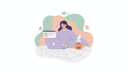 Young woman works from home with festive Halloween decor embracing autumn productivity