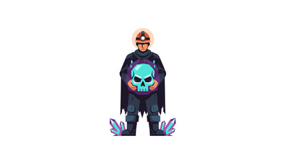 Hardhat miner holding a mystical glowing skull surrounded by colorful crystals symbolizing discovery or risk