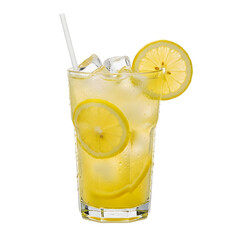 Refreshing Lemonade with Ice Cubes, Lemon Slices, and Straw in a Tall Glass on Black Background