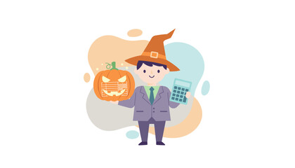 Businessman in witch hat with Halloween pumpkin and calculator representing spooky season finance