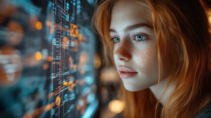 Young woman focuses on complex digital interface in modern workspace during late evening hours - Powered by Adobe