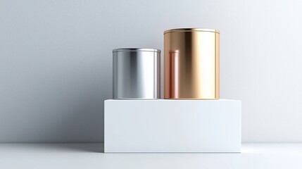 Two metallic paint cans, one silver and one copper, are displayed on a white pedestal against a soft gray background, showcasing modern design and elegance in product presentation