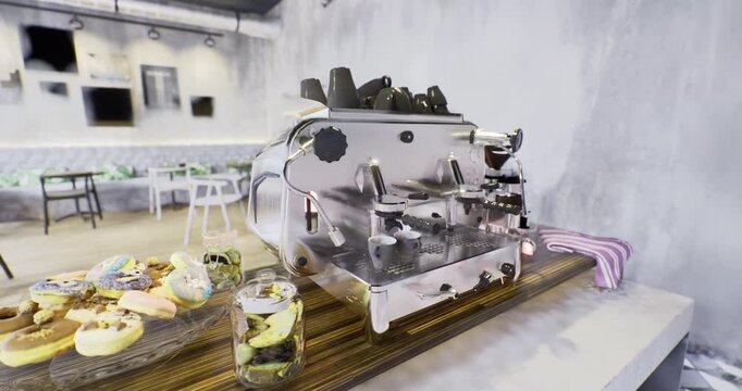 A sleek coffee machine takes center stage on a wooden countertop in a contemporary cafe. Colorful pastries in jars add a sweet touch. The bright ambiance enhances the inviting environment.
