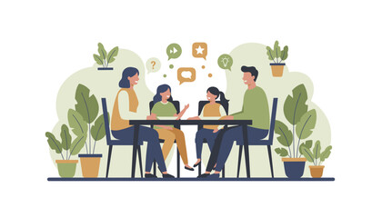 Family discusses ideas and shares thoughts at a table promoting communication and connection