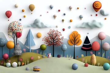 Colorful hot air balloons floating over a whimsical landscape nature art playful environment aerial view