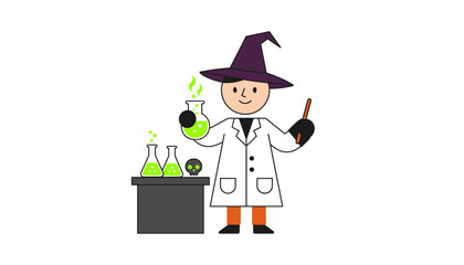Smiling scientist in witch hat mixes glowing potion Fun science magic Halloween illustration