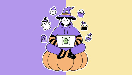 Witchy designer on pumpkin creating pixel art ghost on laptop surrounded by cute Halloween spirits