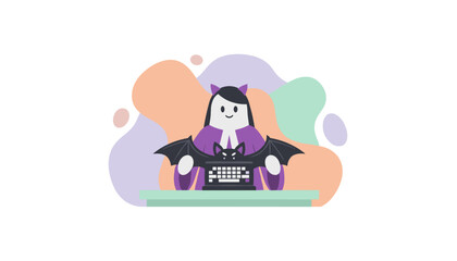 Cute vampire character typing on a batthemed keyboard representing Halloween coding or writing