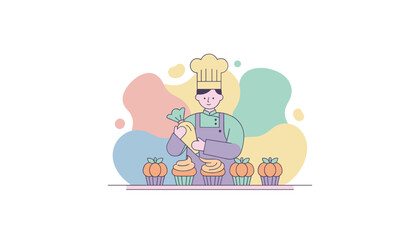Chef decorates pumpkin and frosted cupcakes embodying culinary skill and sweet treat preparation