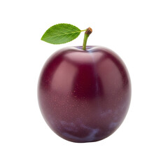 Ripe Purple Plum with a Single Green Leaf on a Black Background Keywords: plum, fruit, food, produce, healthy eating, sweet, juicy