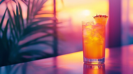 Refreshing tropical cocktail with ice and pineapple garnish, placed on a reflective surface, against a vibrant sunset backdrop, creating a warm and inviting atmosphere