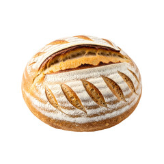 Round Sourdough Bread Loaf with Scoring and Flour Dusting Isolated on Black crusty