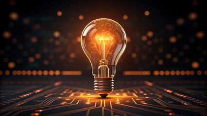 Glowing light bulb on circuit board symbolizing innovation and technology