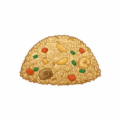 A visually appealing illustration of a freshly prepared mound of savory fried rice, bursting with colorful ingredients and aromatic spices