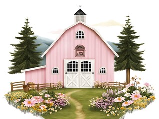 Charming pink barn surrounded by flowers countryside digital illustration tranquil nature eye-level rural serenity