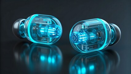 Futuristic transparent earbuds with glowing blue lights on dark reflective surface