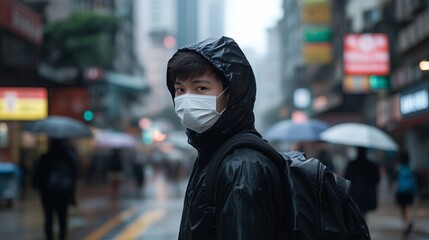 Asian man wearing a black raincoat and face mask stands in a busy urban street during rain, surrounded by blurred pedestrians and colorful neon signs, capturing a moment of urban life