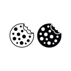 Bitten chocolate chip cookie icons show delicious treat in black and white against transparent background