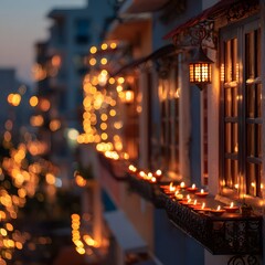 Close-up of a row of houses with lit diyas on balconies and windows, blurred festive lights creating bokeh, soft evening glow, holiday vibe
